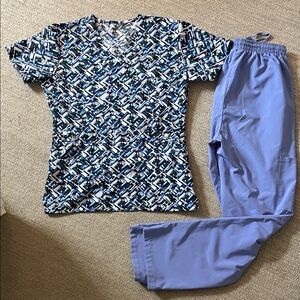Women's Blue Geometric Scrub Top with Lavender Pants Set